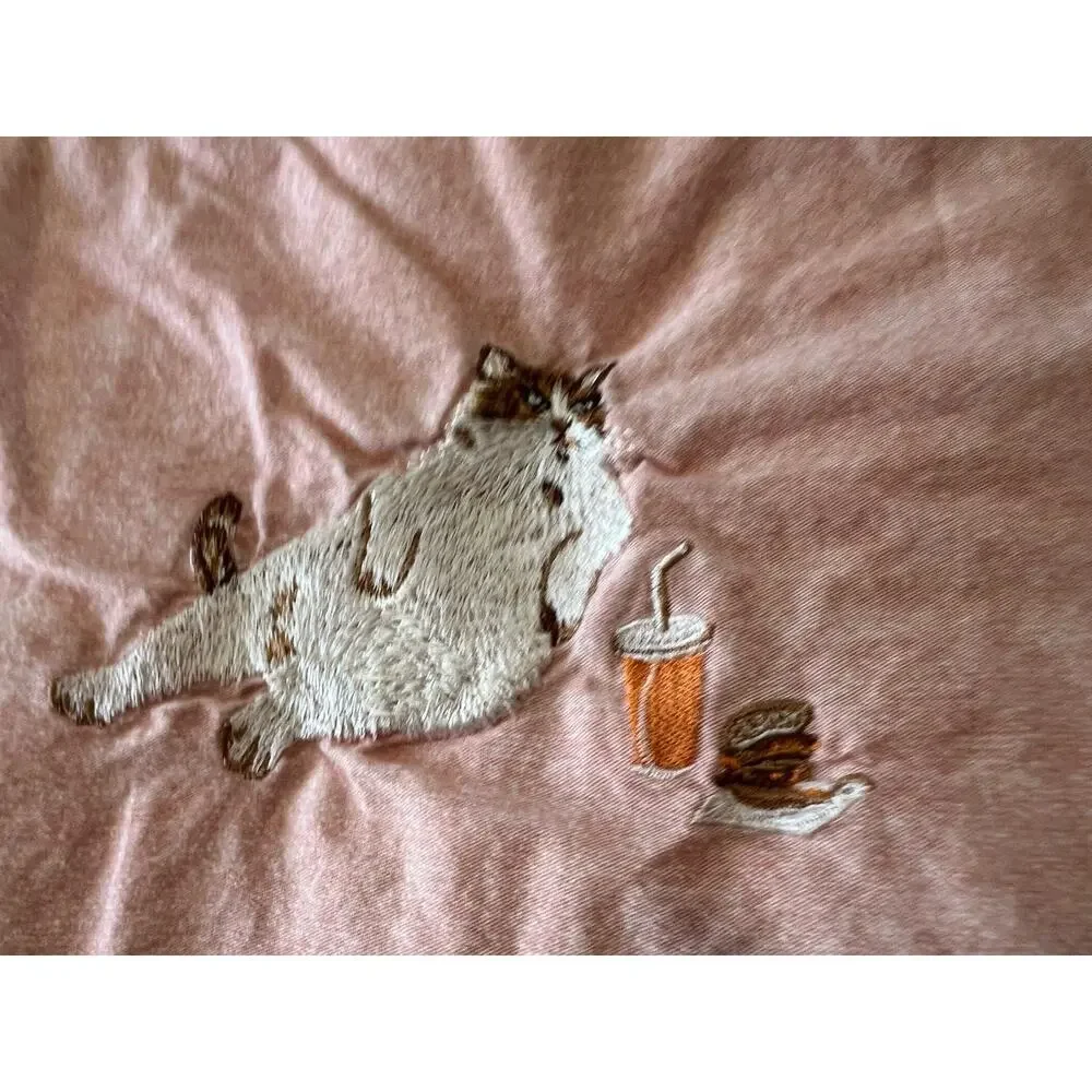 Pink Full Size Sheet Set white embroidered Cat With Drink And Burger 2PCs Cotton